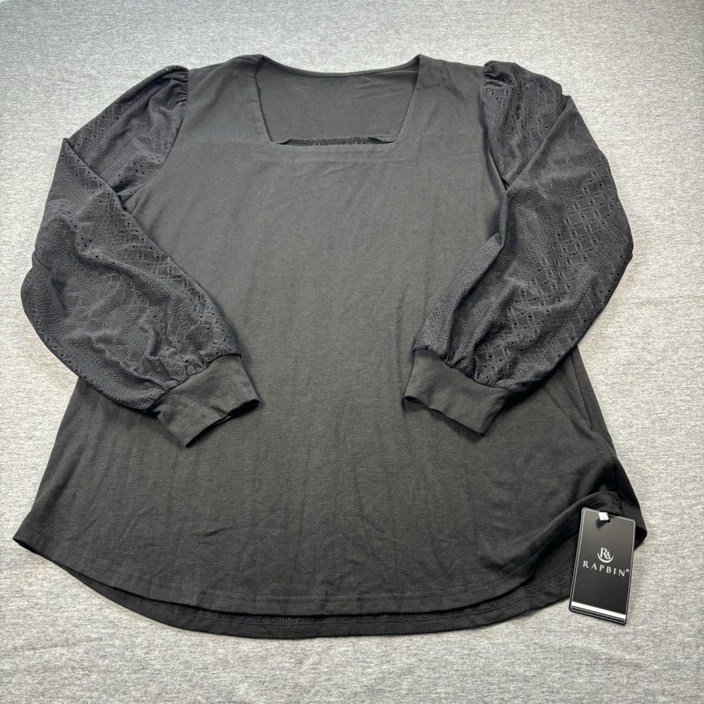 Rapbin Women's XL Black 3/4 Puff Balloon Sleeve Top Blouse Shirt NWT Poly Rayon